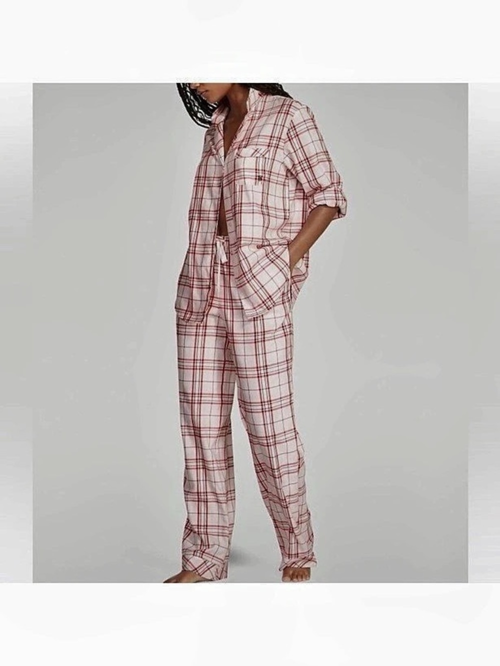 Victoria's Secret Cotton Long Pajama Set in red/pink/white plaid